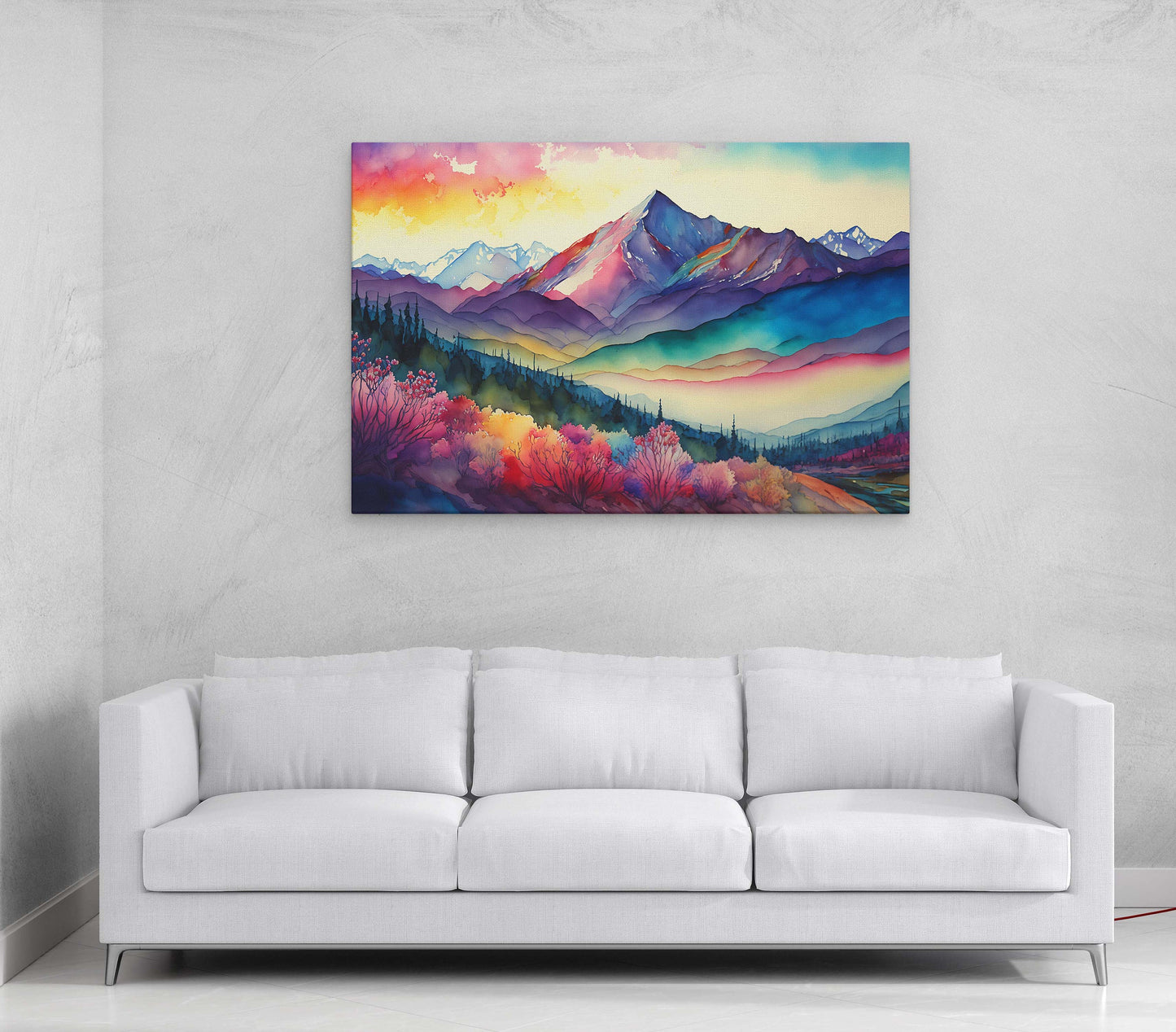Watercolor Mountain Range Sunrise Canvas Art