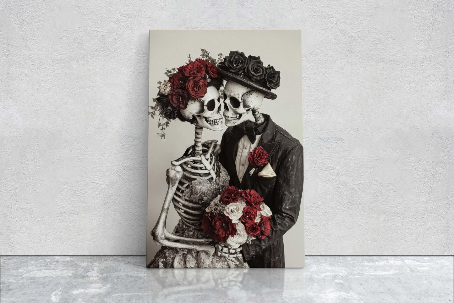 Skeleton Wedding, Bride and Groom, Halloween Decor, Gothic Art, Spooky Art, Bone Marriage
