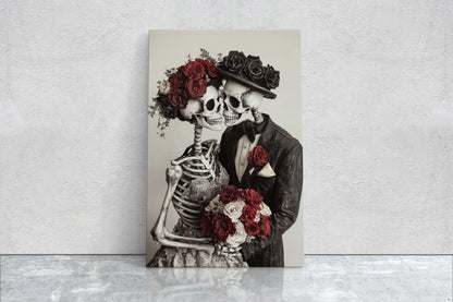 Skeleton Wedding, Bride and Groom, Halloween Decor, Gothic Art, Spooky Art, Bone Marriage