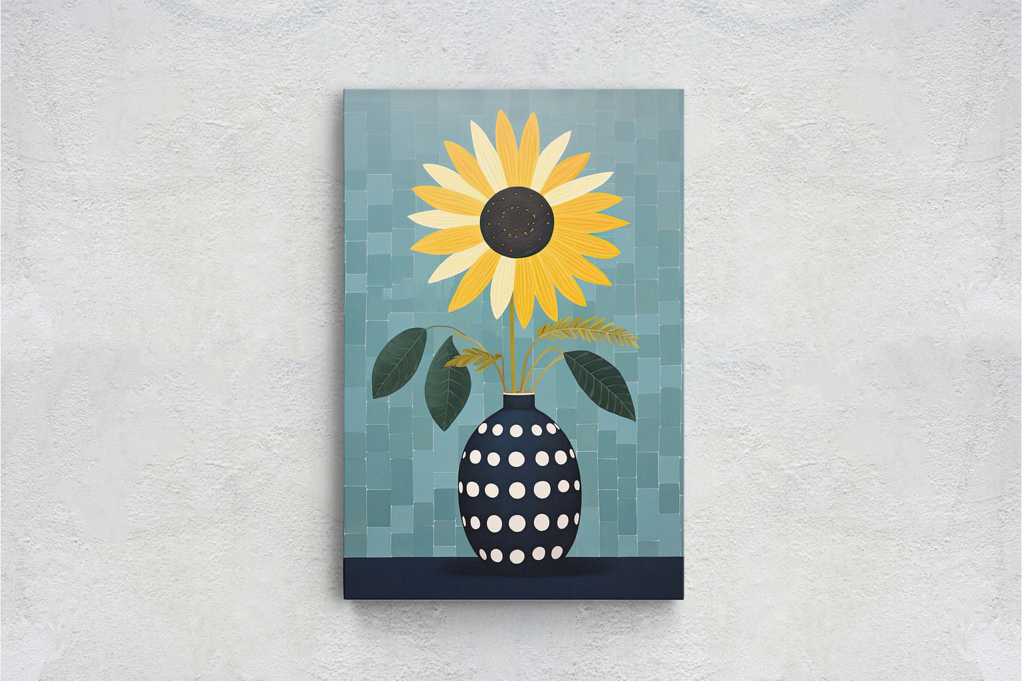 Sunflower Vase, Yellow and Blue, Indigo and Gold, Framed Canvas, Vertical Portrait, Large Art Print, Simple Bold, Contemporary Painting