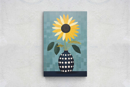 Sunflower Vase, Yellow and Blue, Indigo and Gold, Framed Canvas, Vertical Portrait, Large Art Print, Simple Bold, Contemporary Painting
