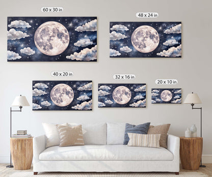 Cloudy Moon Sky, Moon Painting, Moon and Stars