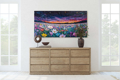 Night Sky Flowers, Meadow in the Night, Dark Colorful, Vibrant Decor, Large Art Print