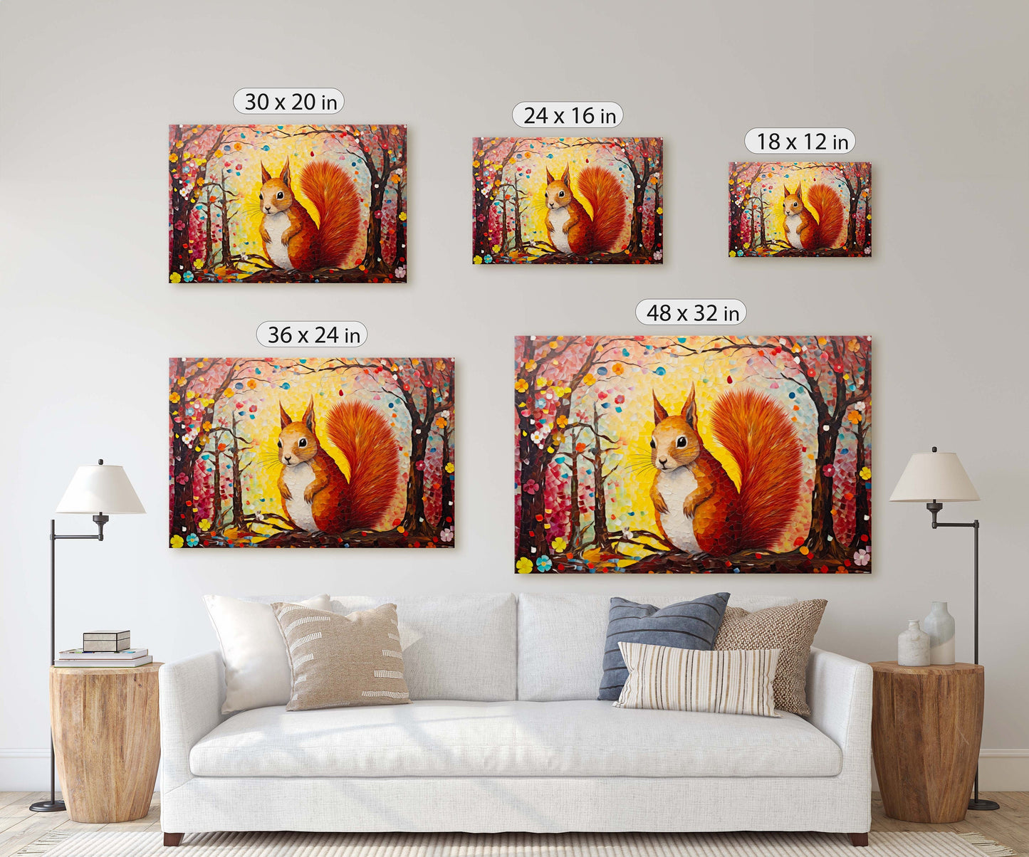 Colorful Squirrel, Woodland Animal, Canvas Framed, Large Art print, Bright Vivid Decor, Cute and Fun, Red Squirrel