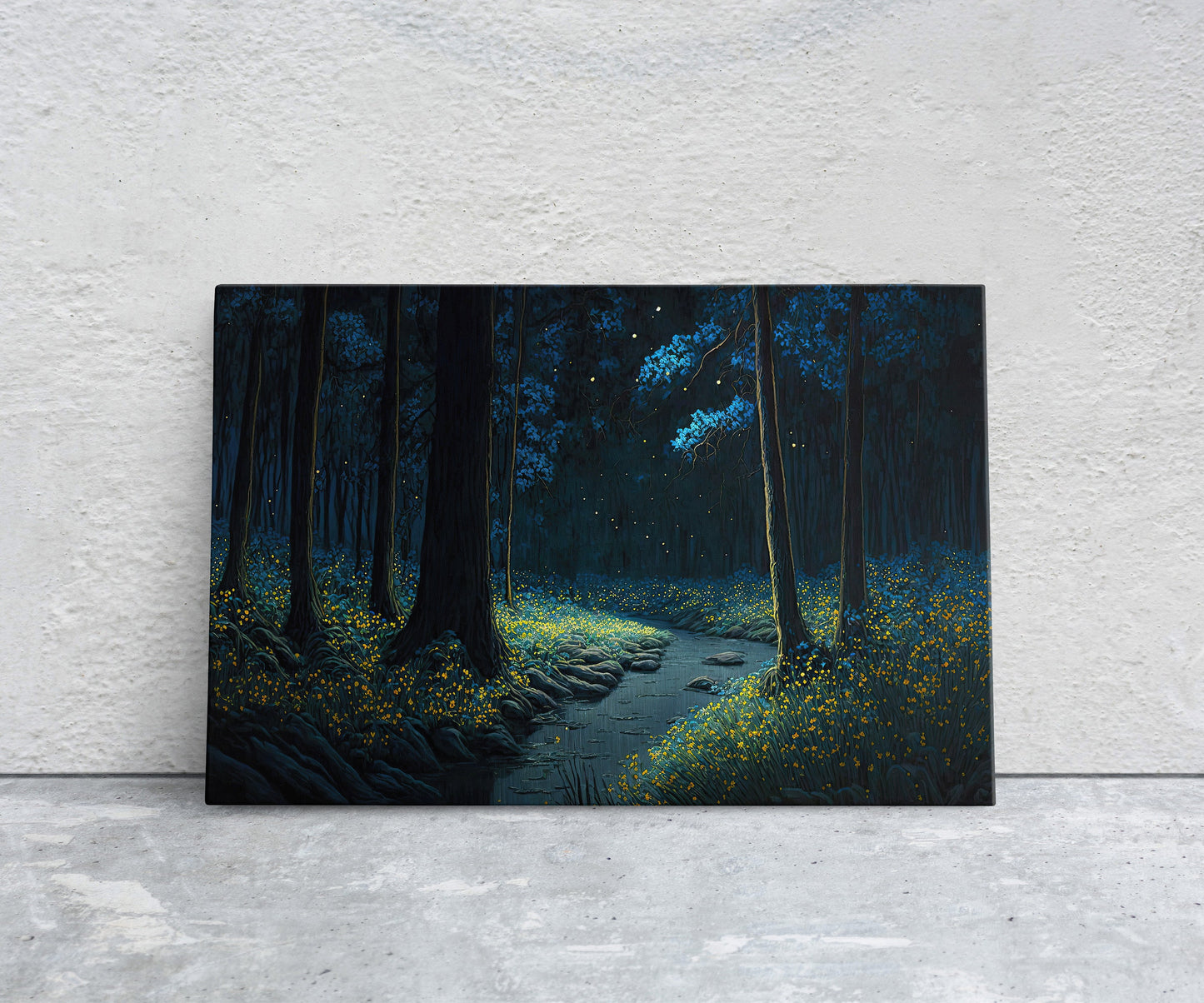 Mystical Forest at Night Fireflies Canvas Art Ready To Hang Large Print, Painting