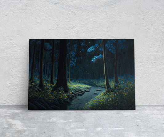 Mystical Forest at Night Fireflies Canvas Art Ready To Hang Large Print, Painting