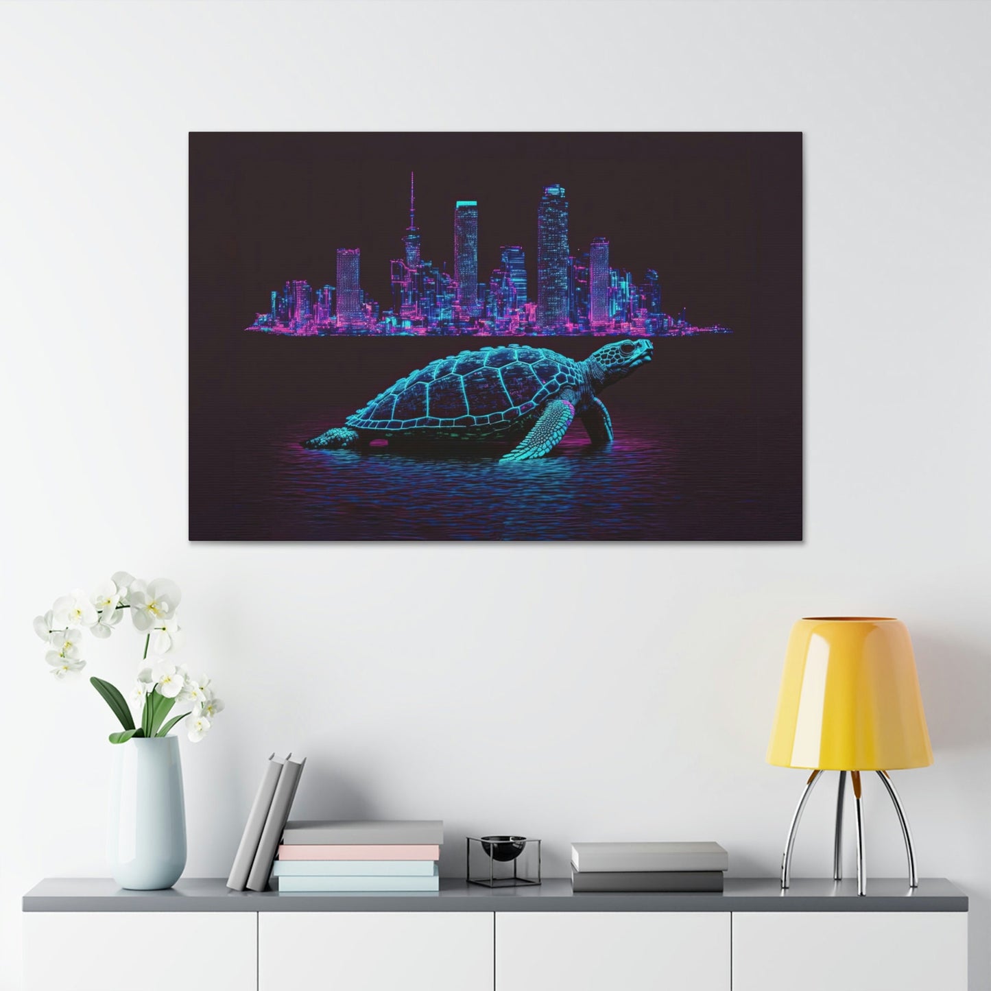 Turtle Pixel Art Canvas Art Ready To Hang Large Print, Man Cave, Video Game, Retro, Synthwave, Neon