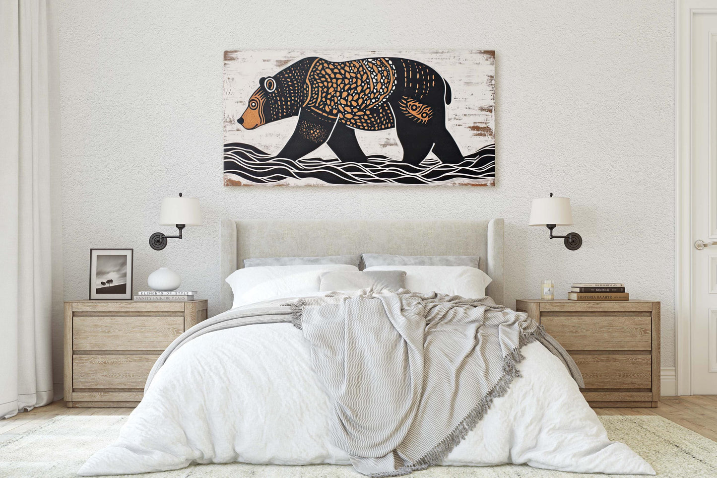 Bear Folk Art, Scandinavian Folk Art, Linocut Print, Wide Art, Large Art Print
