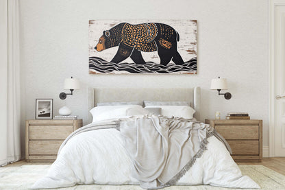 Bear Folk Art, Scandinavian Folk Art, Linocut Print, Wide Art, Large Art Print