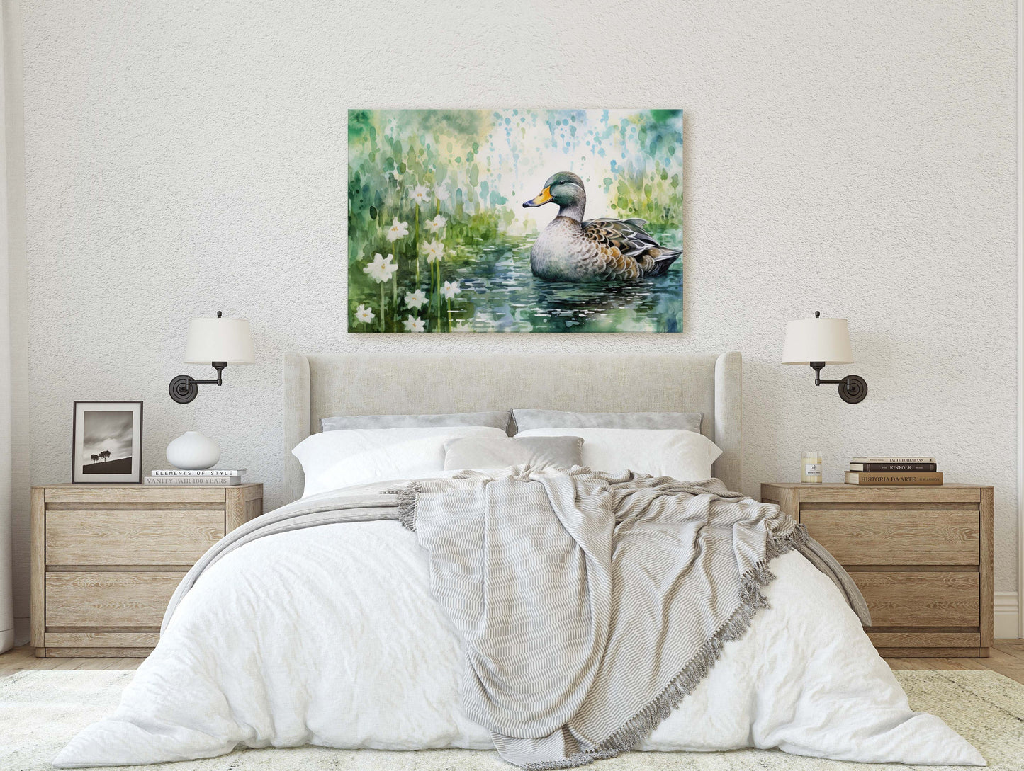 Duck Painting, Duck on Pond, Mallard Duck, Bird Art, Green Pond, Framed Canvas, Large Art Print, Traditional Print, Avian Decor