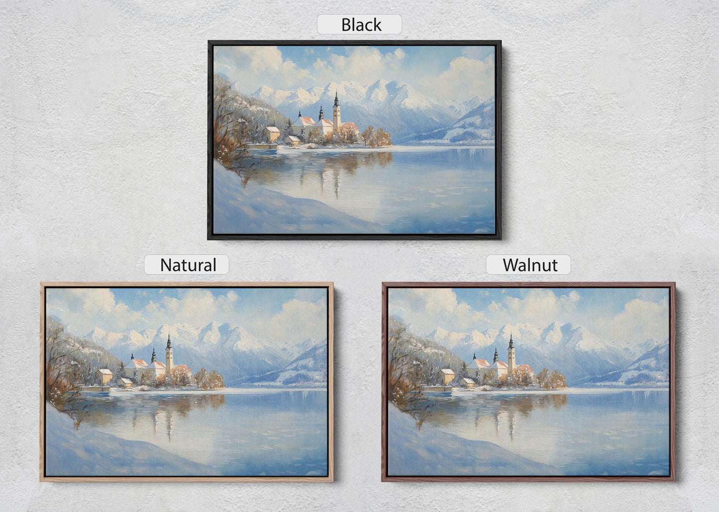 Lake Bled Painting, Slovenia Art, Scenic Art, Winter Lake