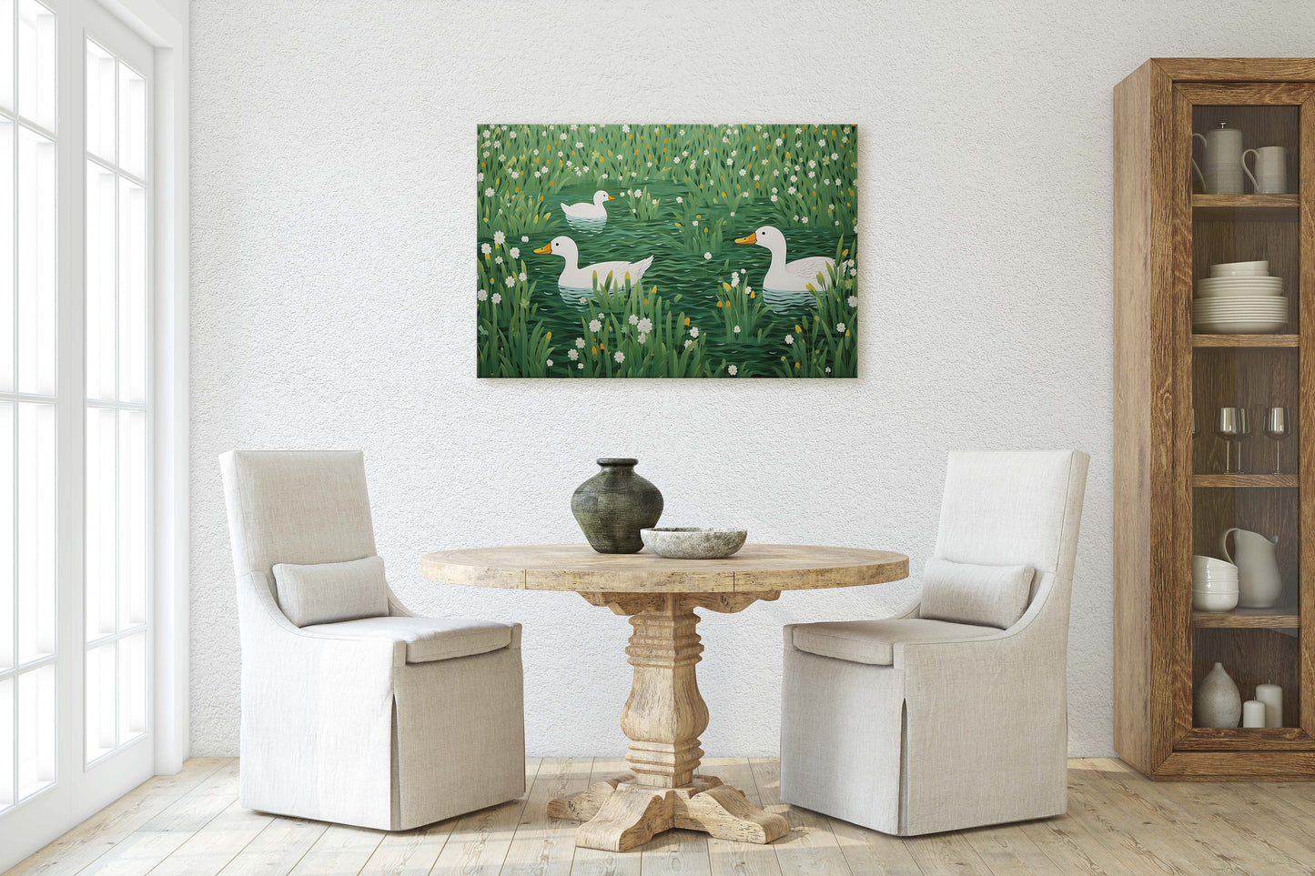 Ducks on Pond, Green Pond, Simple Minimal, Framed Canvas, Green and White, Emerald Green, Large Art Print, Mallard Duck, Lake, Marsh