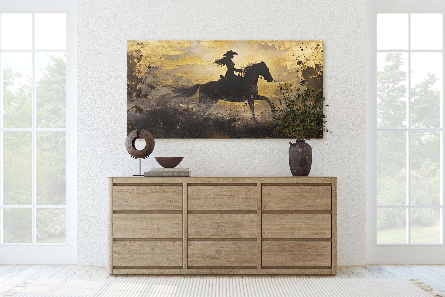 Woman Riding Horse, Cowgirl Painting, Black and Gold, Cowboy Art, Western Decor