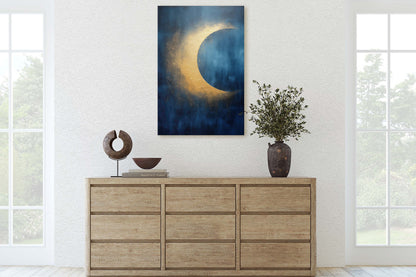 Gold Moon on Indigo, Moon Painting, Minimalist Art, Circle Indigo, Maximalist Art, Contemporary Decor, Celestial Art, Space Decor, Night Sky