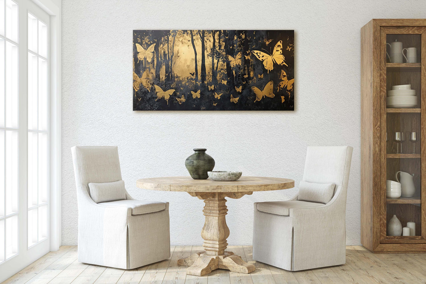 Butterfly Forest, Black and Gold Trees, Wide Canvas print, Modern Contemporary