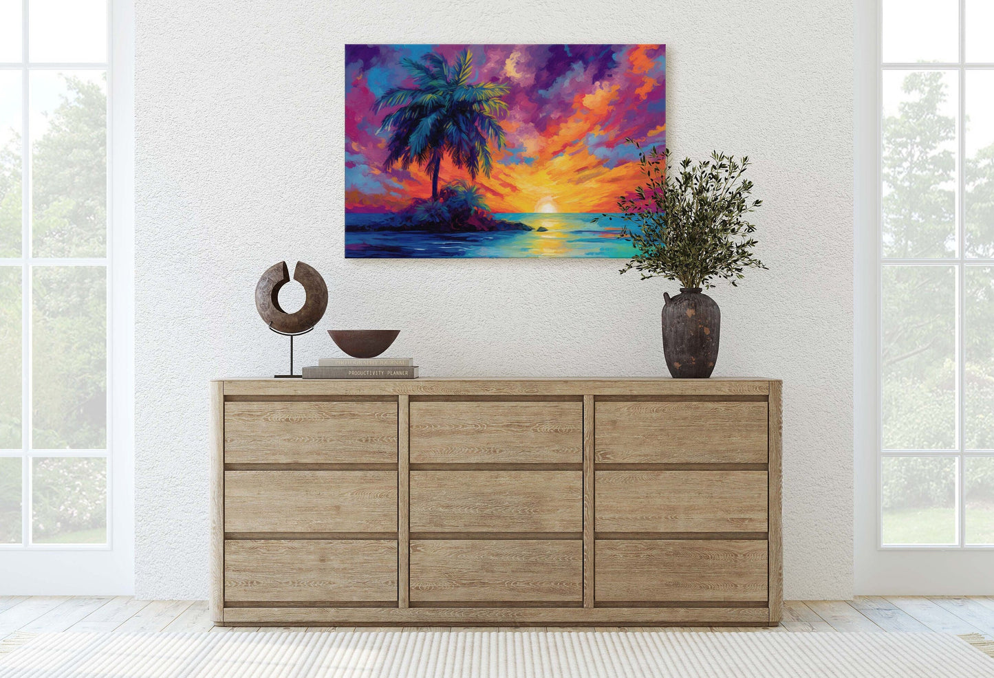 Vivid Palm Sunset on Canvas, Palm Tree Dusk, Evening Ocean View, Oceanside, Colorful Beach, Framed Canvas, Watercolor, Painting
