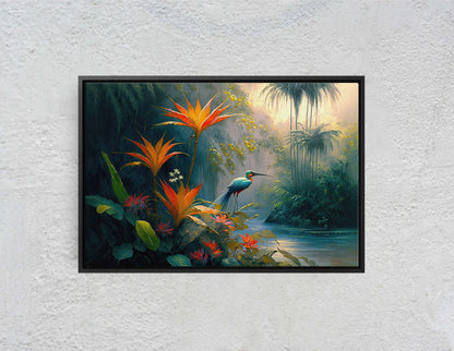 Jungle Flower Bird Canvas Art Ready To Hang Large Print, Oil Painting, Landscape