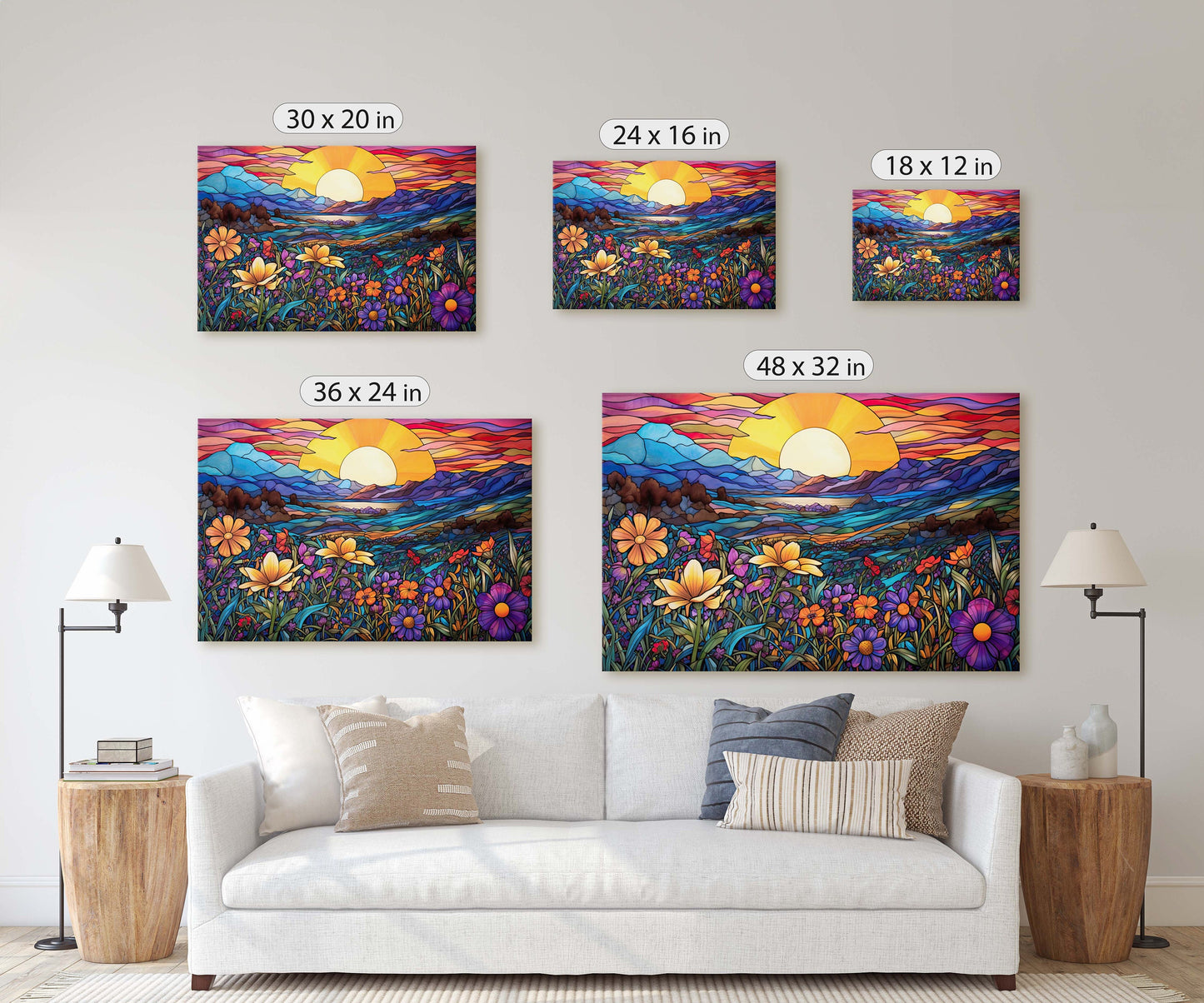 Stained Glass Painting, Blue Mountains, Faux Stained Glass, Sunset Flowers, Sunrise Field, Mountain Landscape, Framed Canvas, Vivid Colorful