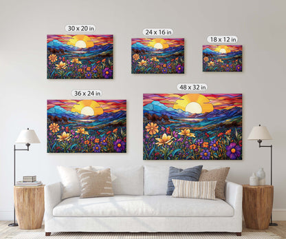 Stained Glass Painting, Blue Mountains, Faux Stained Glass, Sunset Flowers, Sunrise Field, Mountain Landscape, Framed Canvas, Vivid Colorful