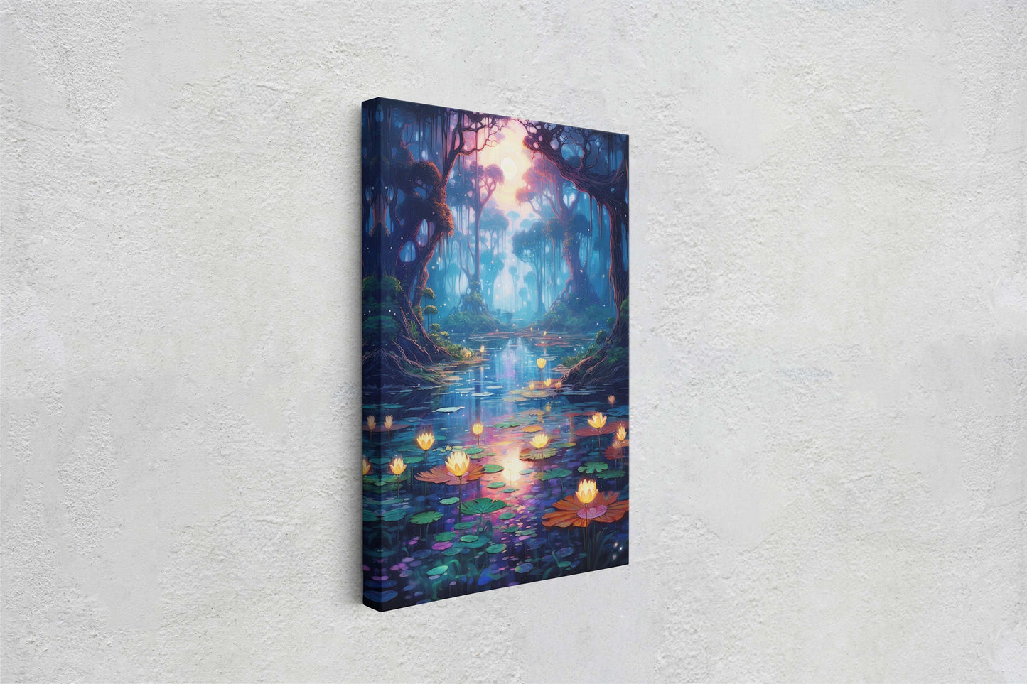 Enchanted Pond, Lamps Night Art, Lantern Forest, Vertical Canvas, Fantasy Decor, Office Art, River Art, Lily Pond, Floating Flower