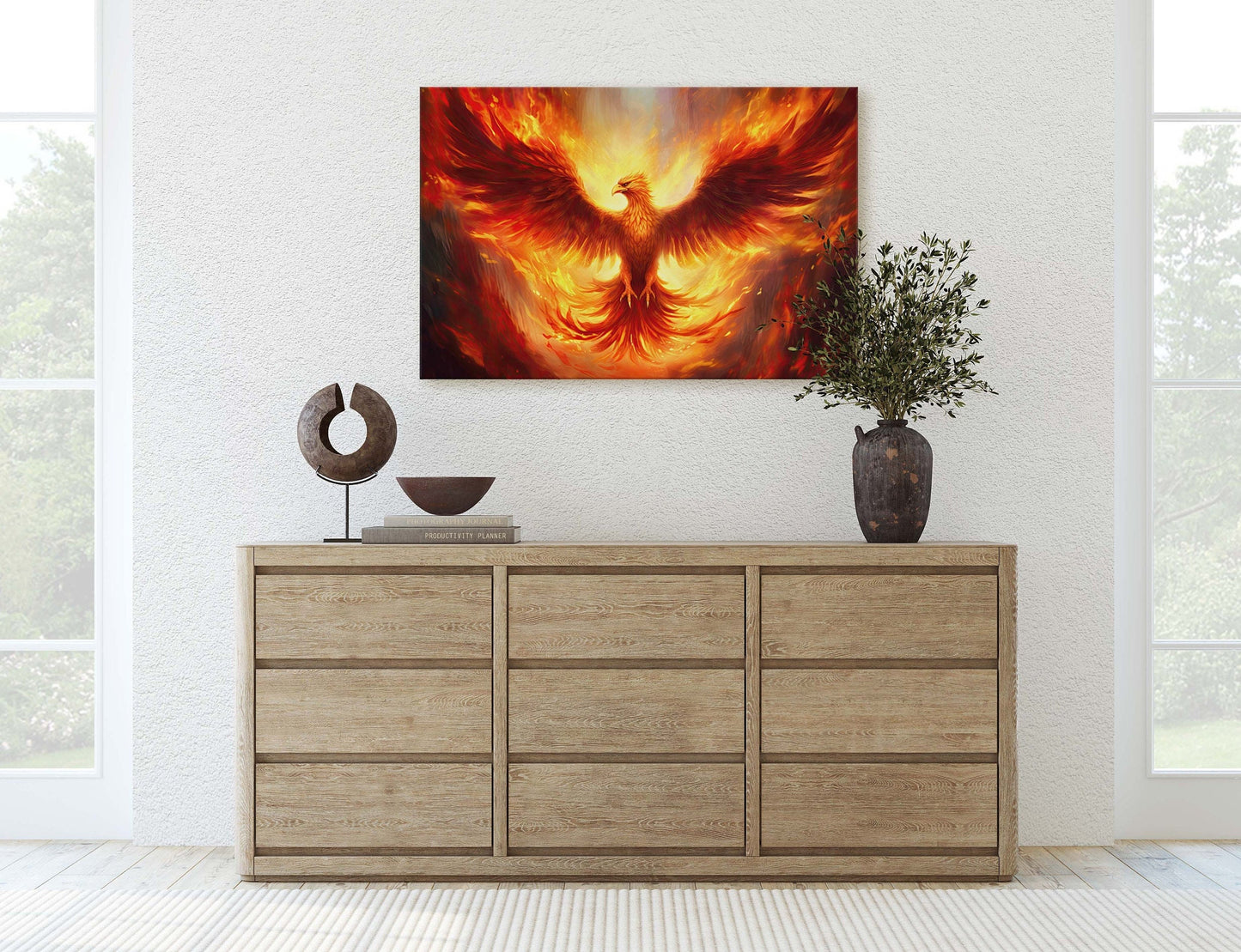 Phoenix Fire Bird, Flaming Bird, Mythology Animal, Mythological, Large Canvas Print, Ready to Hang, Fantasy Creature, Game Room, Man Cave