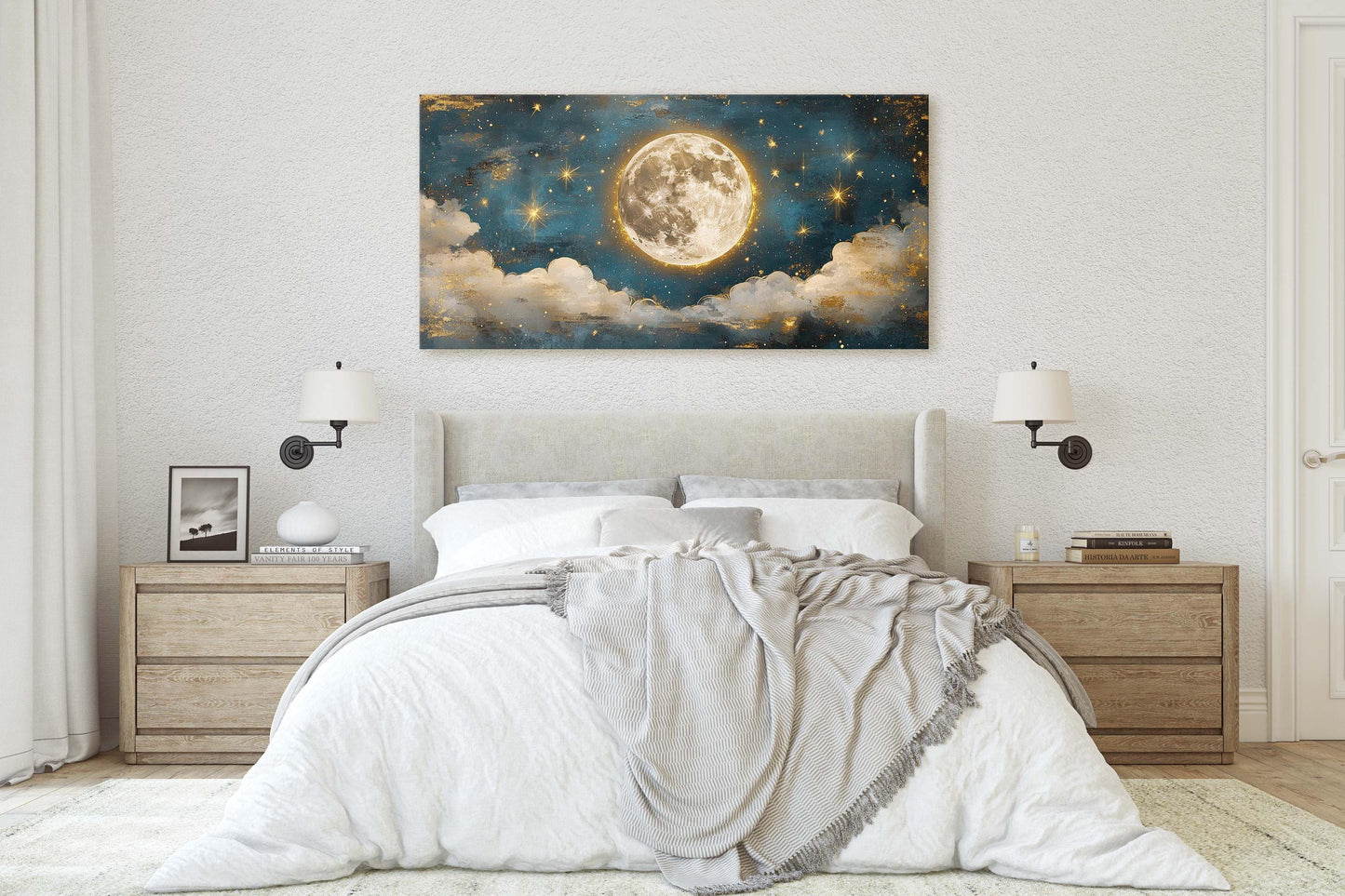 Cloudy Moon Sky, Moon Painting, Moon and Stars, Full Moon