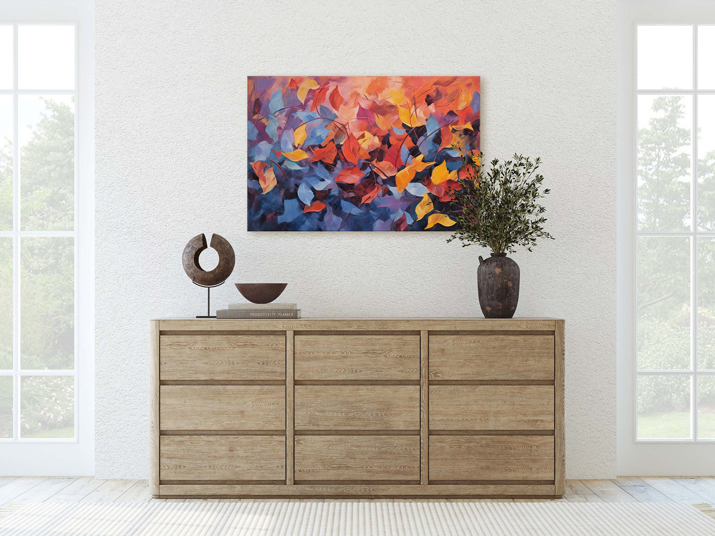 Abstract Leaf Print, Fall Leaves, Autumn,Red Orange Canvas, Fine Art, Modern Artwork, Contemporary Print, Framed Canvas