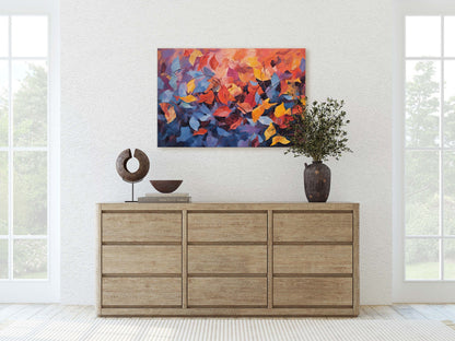 Abstract Leaf Print, Fall Leaves, Autumn,Red Orange Canvas, Fine Art, Modern Artwork, Contemporary Print, Framed Canvas