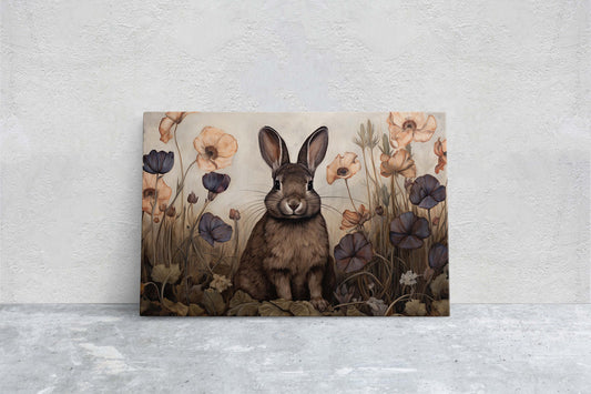 Rabbit and Flowers, Canvas Framed, Earth Tones, Floral Print, Large Painting, Neutral Colors, Bunny Decor, Traditional Decor, Animal Art