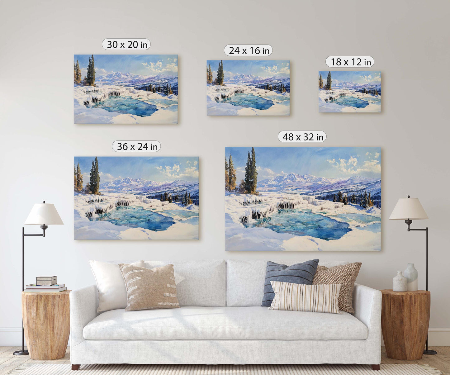 Snow Hot Springs, Winter painting, Scenic Art,  Winter Mountain Print