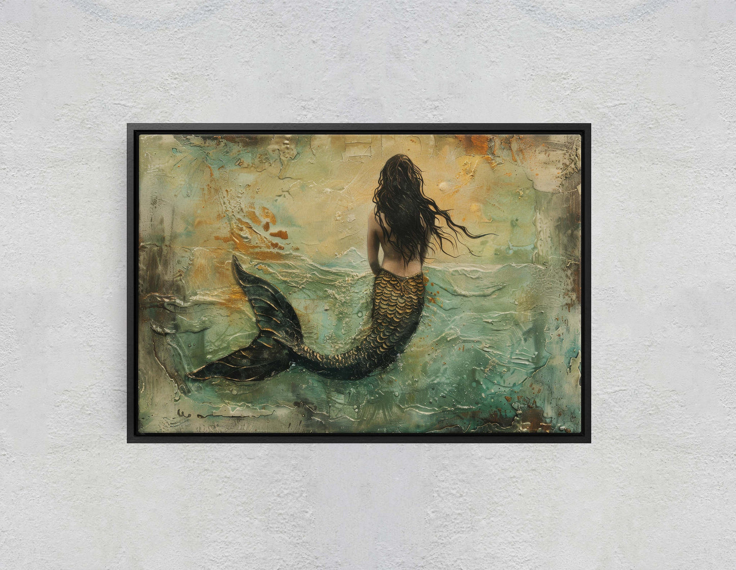 Mermaid in Solitude, Nautical Artwork, Ocean Decor, Mythical Creature, Fantasy Decor, Faux Metal, Framed Canvas, Extra Large Print