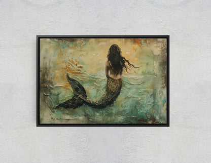 Mermaid in Solitude, Nautical Artwork, Ocean Decor, Mythical Creature, Fantasy Decor, Faux Metal, Framed Canvas, Extra Large Print