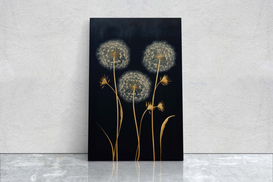 Dandelions Painting, Black and Gold, Floral Decor, Framed Canvas, Flower Print, Large Print, Contemporary Decor, Modern Art, Simple Bold