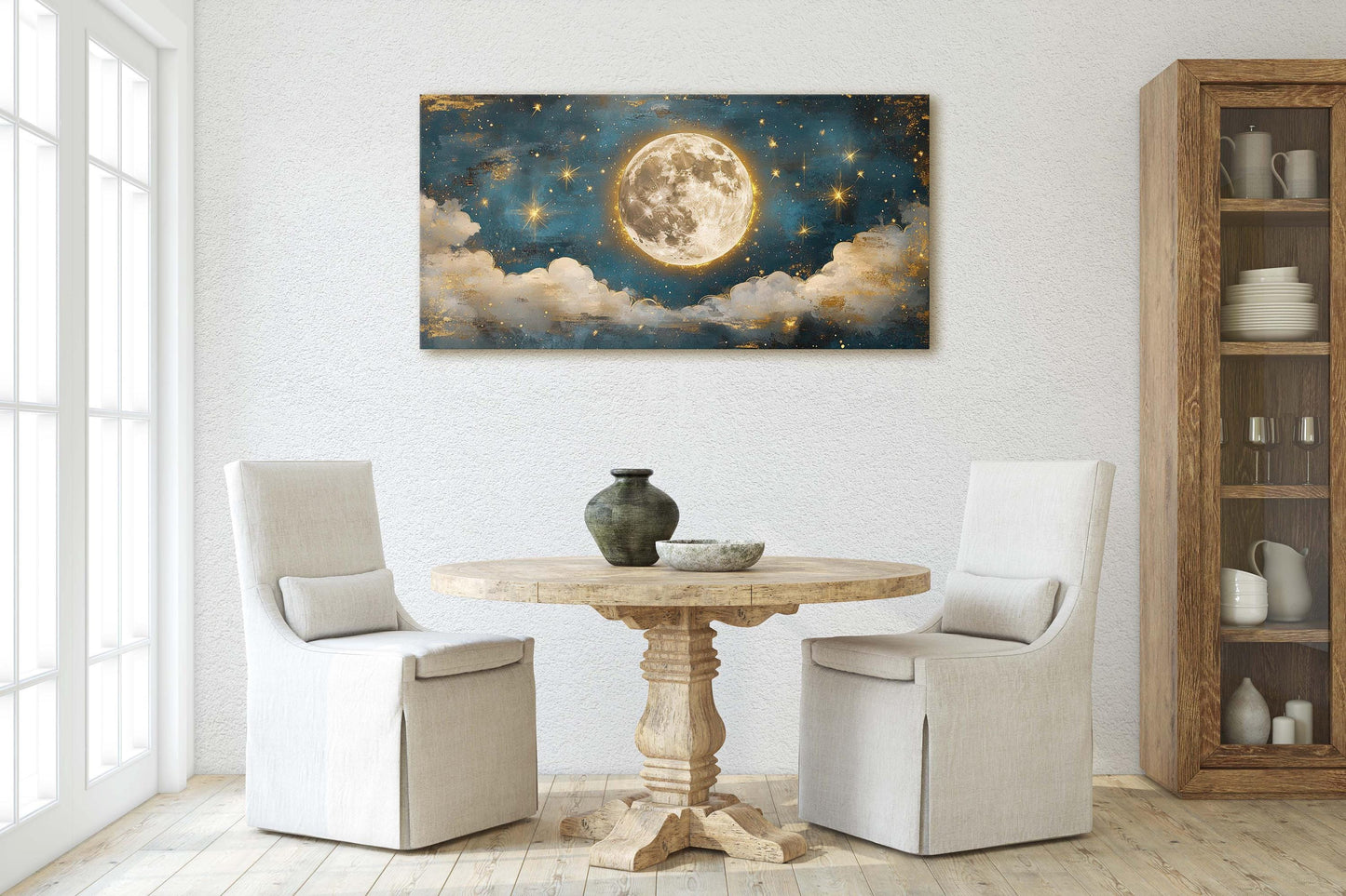 Cloudy Moon Sky, Moon Painting, Moon and Stars, Full Moon
