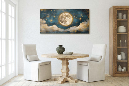 Cloudy Moon Sky, Moon Painting, Moon and Stars, Full Moon