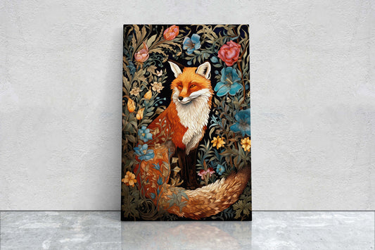 Fox William Morris, Inspired William Morris, Framed Canvas, Extra Large Print, Cottagecore, Forest Botanical, Floral Art,Art Nouveau Print
