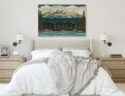 Minimalist Lake Mountain on Canvas, Scandinavian Design, Danish, Green Blue, Framed Canvas, Abstract, Simple, Landscape Painting