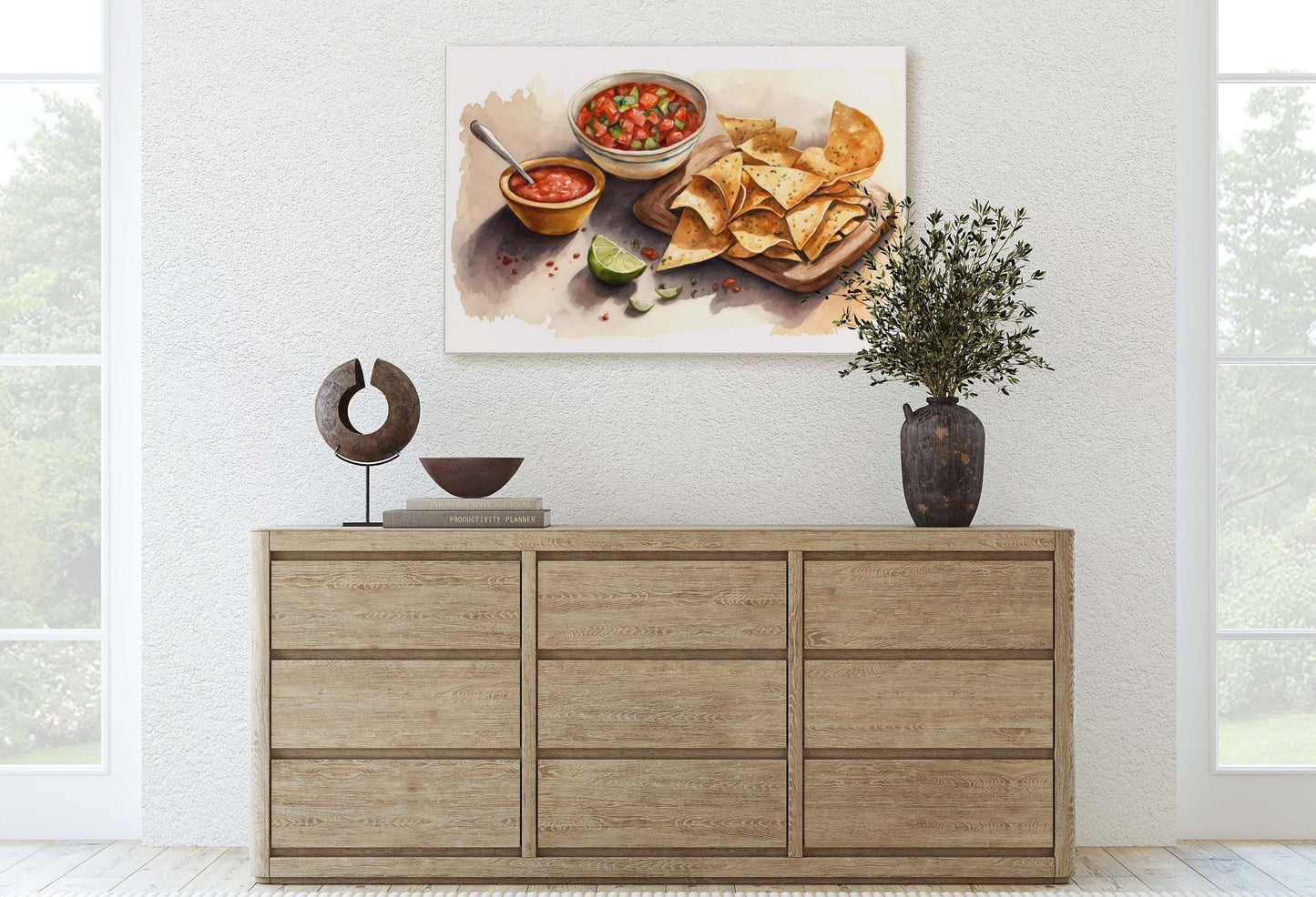Chips and Salsa, Canvas Art, Ready To Hang, Large Print,  Colorful, Watercolor, Mexican food, Kitchen Art, Dining Room, Restaurant Art