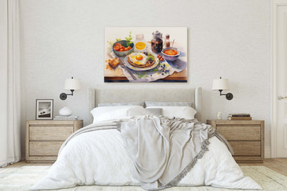 Breakfast Watercolor, Breakfast Painting, Food Art, Kitchen Art, Eggs Pancakes, Coffee, Framed Canvas, Colorful Food Art, Colorful Kitchen