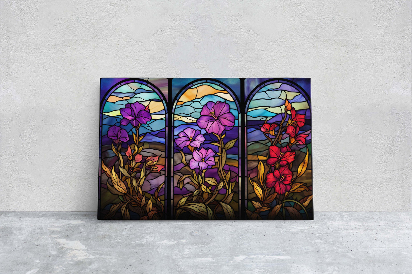 Stained Glass Flowers, Flower Portraits, Wildflowers, Framed Canvas, Vivid Color, Bright