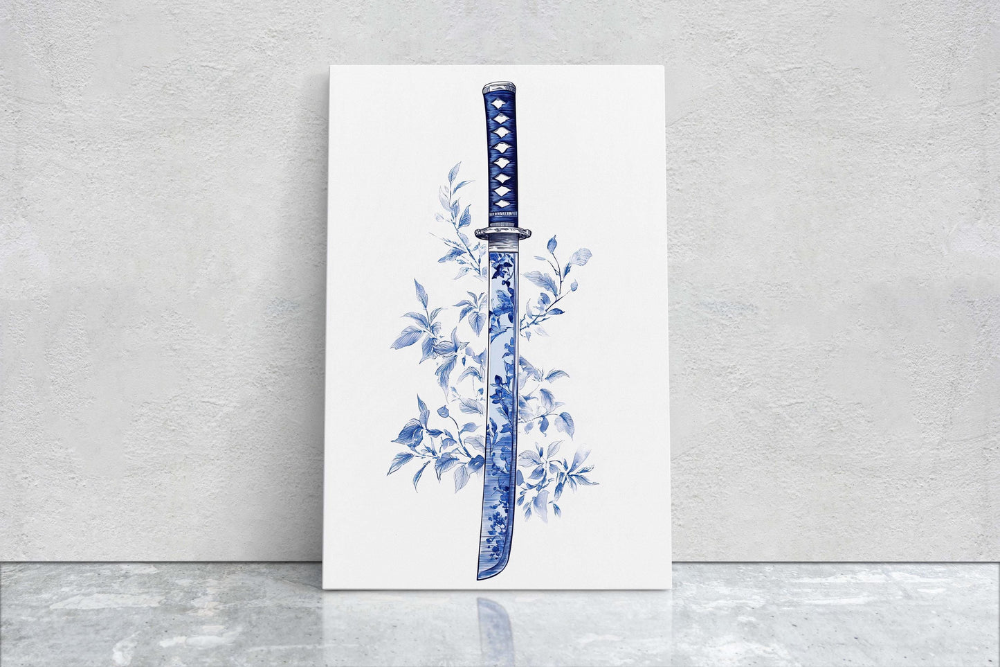 Blue Willow Katana, Samurai Sword, Vintage Art, chinoiserie Design