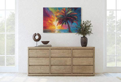 Modern Palm Tree on Canvas, Contemporary Art, Colorful Beach, Vivid Tree, Mid Century, Abstract Plant, Framed Canvas, Waterfront, Ocean
