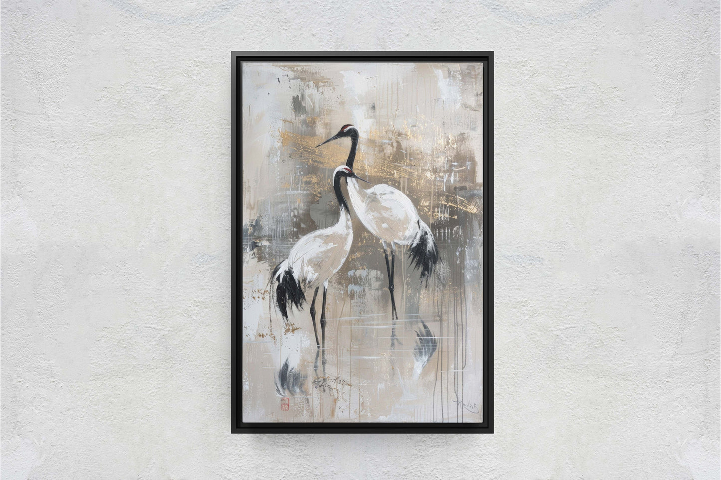 Japanese Gold Cranes, Gold and Beige, Minimalist Art, Heron Decor, Framed Canvas, Japandi Print, Extra Large, Neutral Tones
