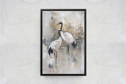 Japanese Gold Cranes, Gold and Beige, Minimalist Art, Heron Decor, Framed Canvas, Japandi Print, Extra Large, Neutral Tones