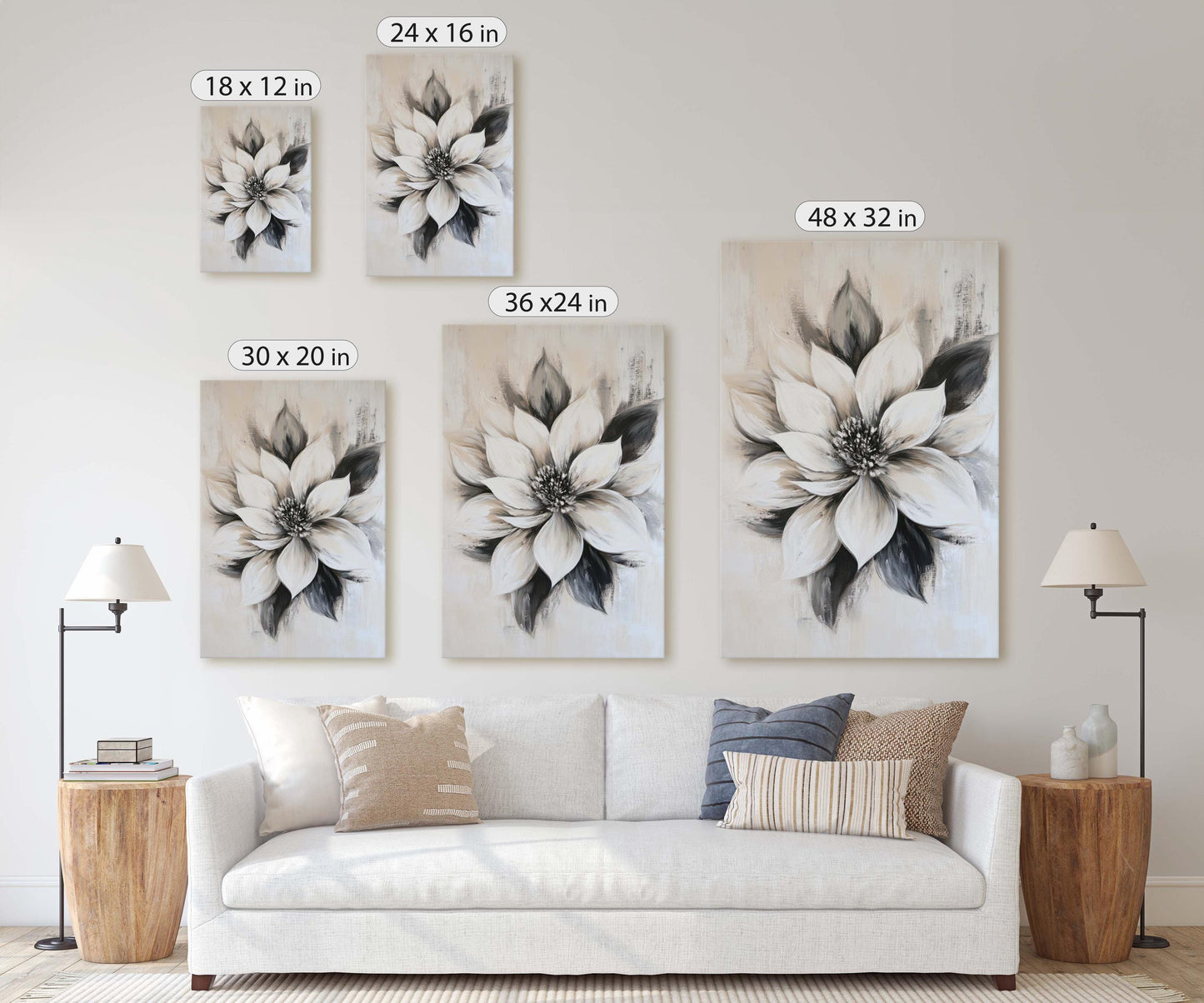 Black And White Flower, Flower Painting, Neutral Tones, Black White