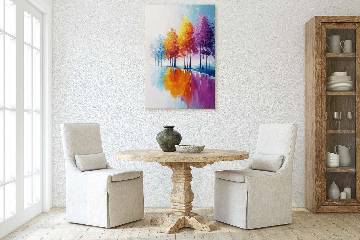 Trees By Lake, Colorful Foliage, Rainbow Trees, Pastel Colors, Blue White, Orange Purple, Framed Canvas, Large Art print