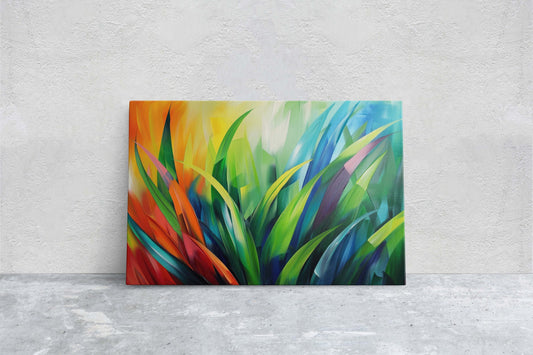 Modern Grass, Lush Botanical, Abstract Plant, Contemporary Decor, Framed Canvas, Rainbow Color, Vivid Bold, Statement Piece, Floral Art