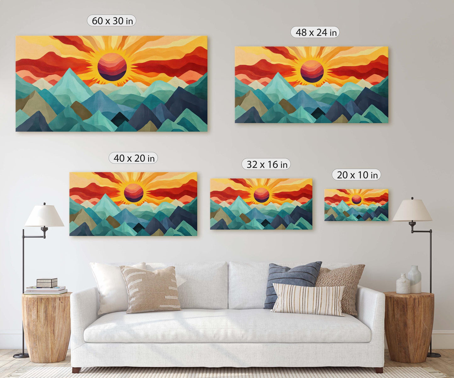 Sunshine Mountain, Canvas Print, Sunset Decor, Flat Art, Vibrant Color, Bold Art, Abstract, Mid Century Modern, Scandinavian Print