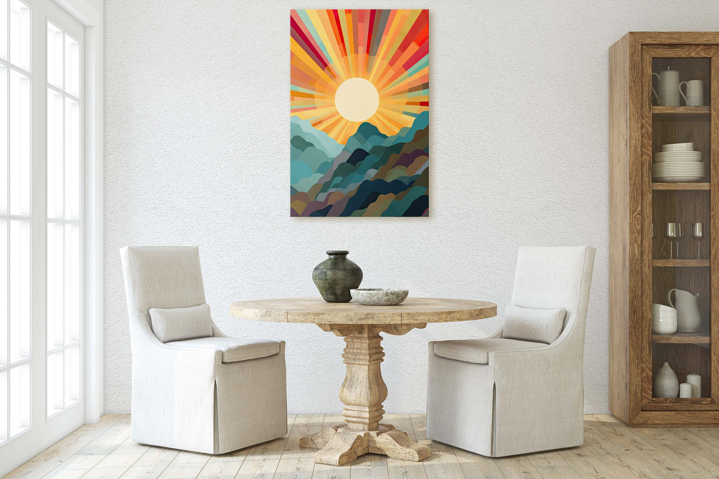 Sunshine Mountain on Canvas, Sunset Decor, Flat Art, Vibrant Color, Bold Art, Vertical, Abstract, Mid Century Modern, Scandinavian Print
