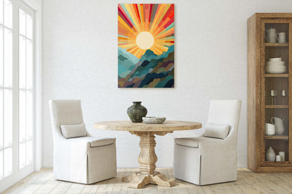 Sunshine Mountain on Canvas, Sunset Decor, Flat Art, Vibrant Color, Bold Art, Vertical, Abstract, Mid Century Modern, Scandinavian Print